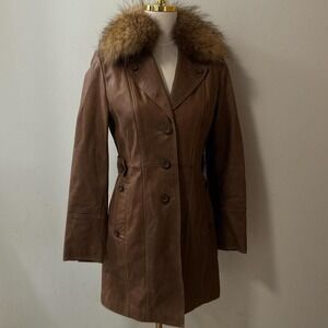 Case Study Brown Leather Jacket With Fur Collar Size Womens XS
